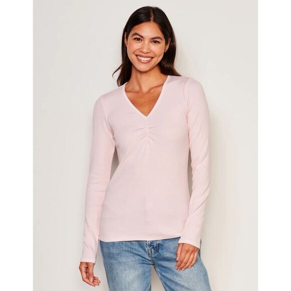 SUNDRY RIBBED LONG SLEEVE V-NECK TOP IN FLUSH PINK MEDIUM - Picture 1 of 7